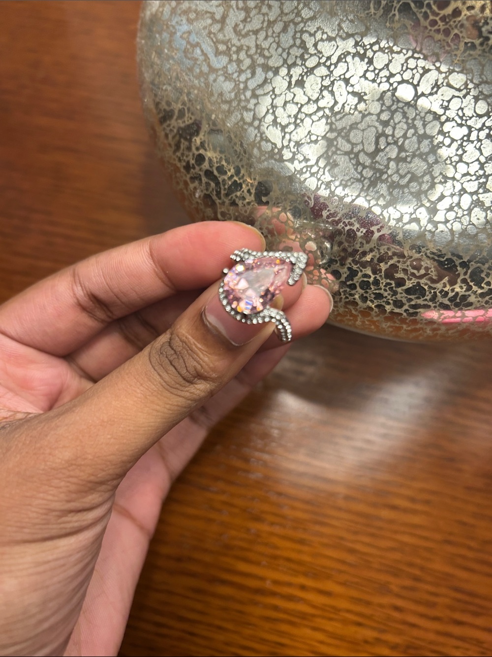 Sterling Silver Ring with Pear-Cut Pink Stone